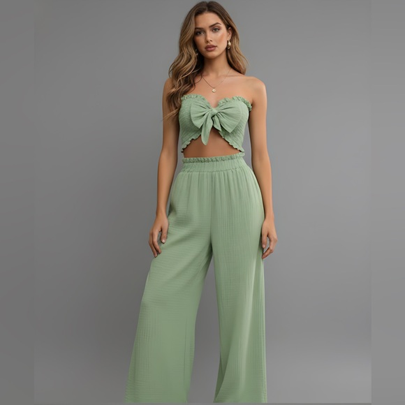 Green Tie Front Tube Top & Wide Leg Pants - Picture 1 of 9